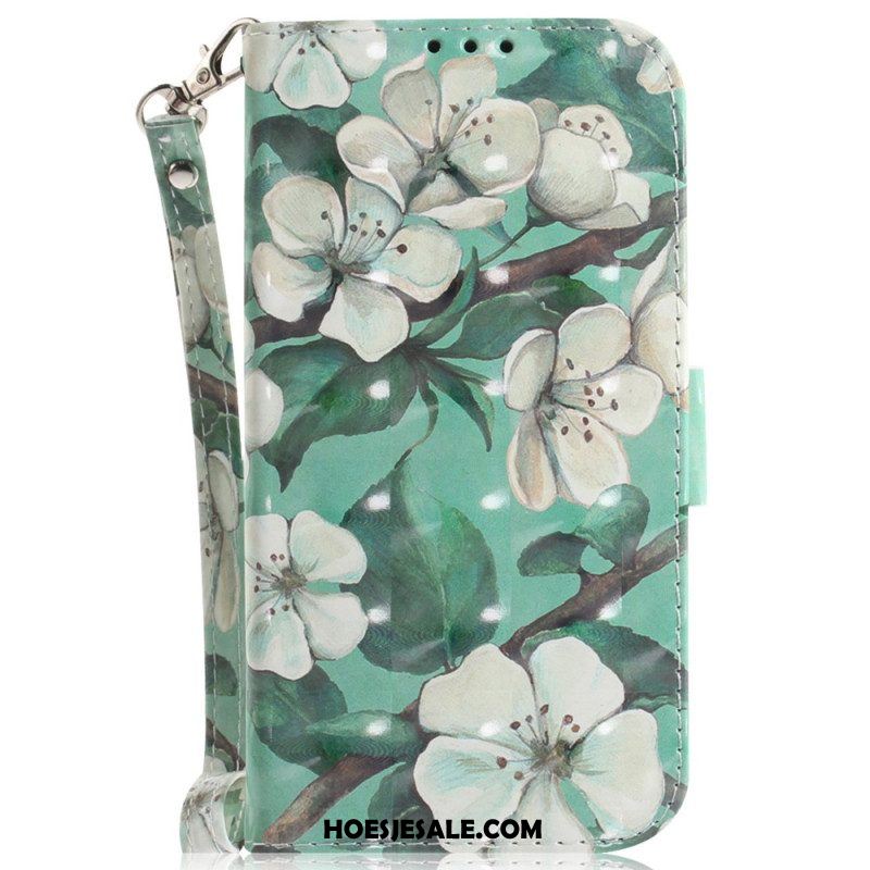 Leren Hoesje voor Xiaomi 13 Met Ketting Witte Bloemen Met Bandjes