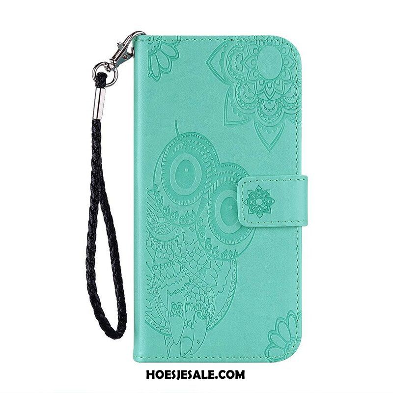 Leren Hoesje voor Xiaomi Redmi Note 10 / 10S Uil Mandala En Lanyard