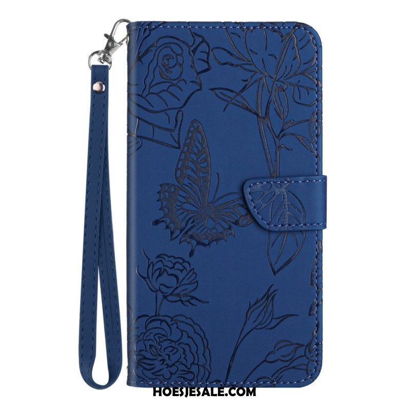 Leren Hoesje voor Xiaomi Redmi Note 12 4G Vlinders En Lanyard