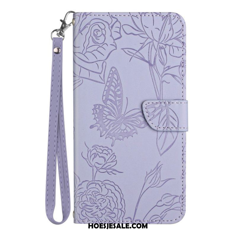 Leren Hoesje voor Xiaomi Redmi Note 12 5G Vlinders En Lanyard