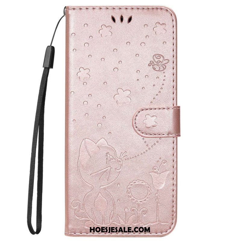 Leren Hoesje voor iPhone 14 Pro Max Met Ketting Strappy Kat En Bijen