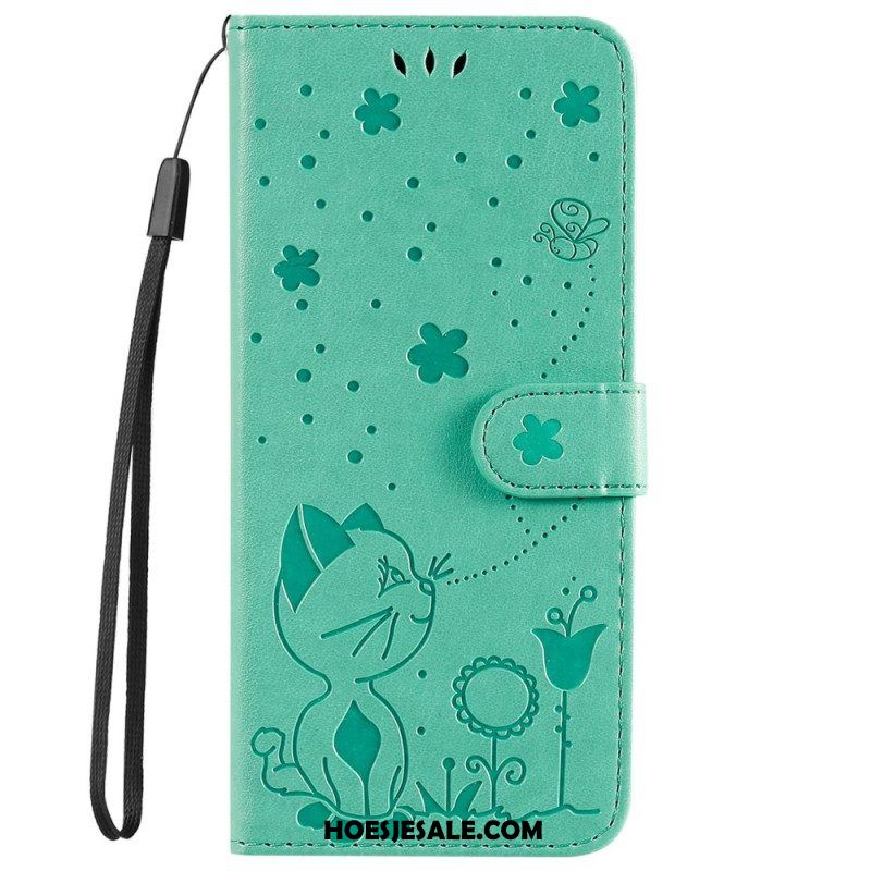 Leren Hoesje voor iPhone 14 Pro Max Met Ketting Strappy Kat En Bijen