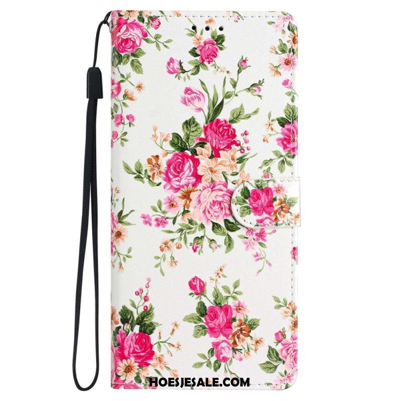 Leren Hoesje voor iPhone 15 Met Ketting Liberty-bloemen Met Riem