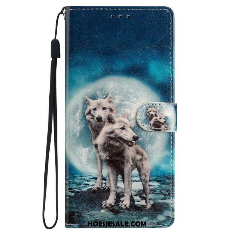 Leren Hoesje voor iPhone 15 Plus Met Ketting Lanyard Wolven