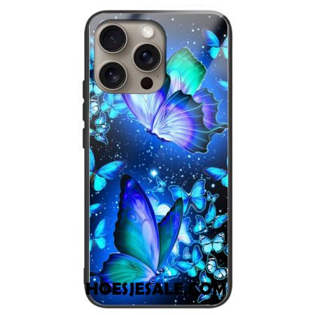 Case Hoesje iPhone 16 Pro Telefoonhoesje Blauwe Vlinders Van Gehard Glas