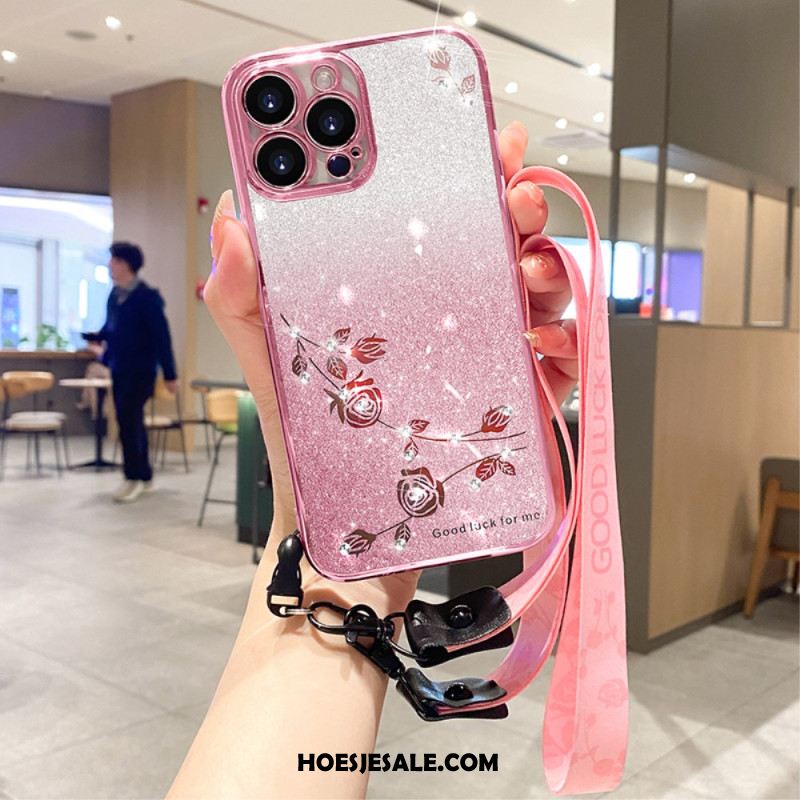 Case Hoesje iPhone 16 Pro Telefoonhoesje Bloemen En Strasssteentjes Met Bandjes Kadem