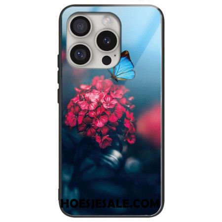 Case Hoesje iPhone 16 Pro Telefoonhoesje Bloemen En Vlinder Van Gehard Glas