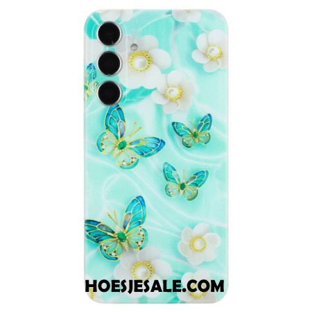 Cover Hoesje Samsung Galaxy S24 Fe Telefoonhoesje Witte Bloemen En Groene Vlinders