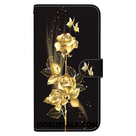 Flip Case Leren Oppo Reno 11 5g Gouden En Roze Vlinders Met Riem