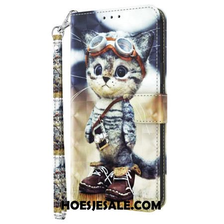 Flip Case Leren Samsung Galaxy A16 5g Vliegenier Kat Met Riem