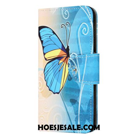 Flip Case Leren Samsung Galaxy A55 5g Gele En Blauwe Vlinder