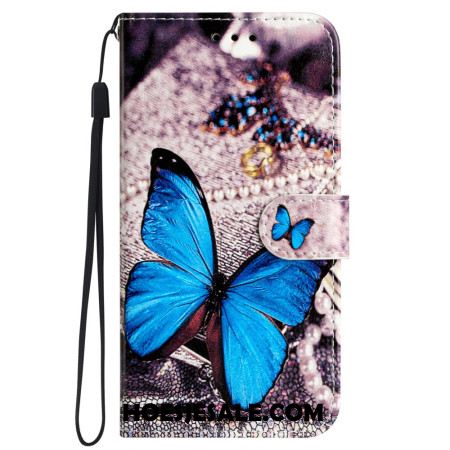 Flip Case Leren iPhone 16 Blauwe Vlinder Met Riem