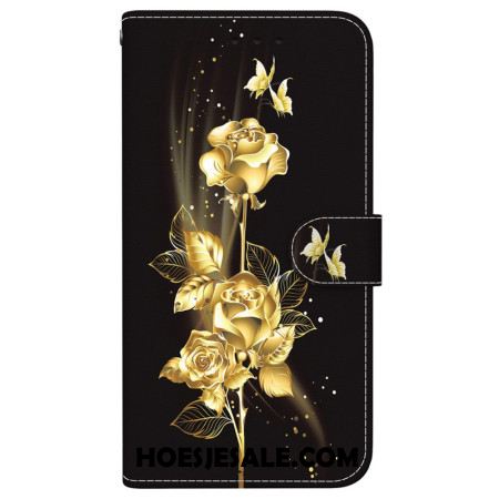 Flip Case Leren iPhone 16 Plus Gouden En Roze Vlinders Met Riem