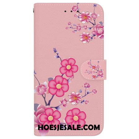 Flip Case Leren iPhone 16 Pro Sakura-patroon Met Riem