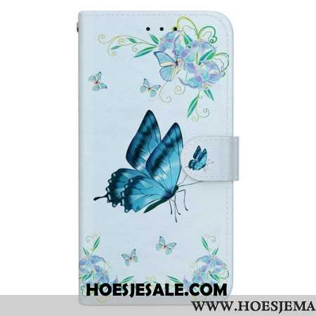 Folio-hoesje Samsung Galaxy S24 Plus 5g Telefoonhoesje Blauwe Vlinder En Bloem Met Riempje