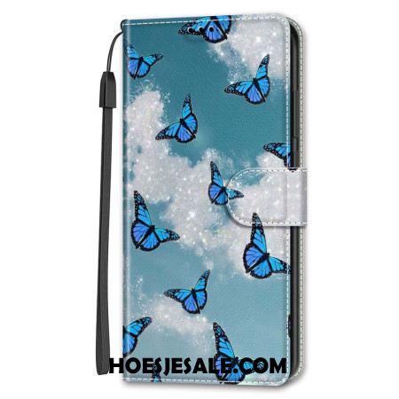 Folio-hoesje Samsung Galaxy S24 Ultra 5g Telefoonhoesje Witte Wolken En Blauwe Vlinders Met Riem