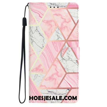 Folio-hoesje iPhone 16 Plus Telefoonhoesje Roze Marmer Met Riem