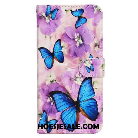 Folio-hoesje iPhone 16 Pro Max Vlinders En Paarse Bloemen Met Riempje