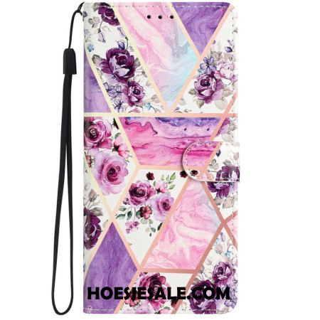 Folio-hoesje iPhone 16 Pro Telefoonhoesje Paarse Bloemen Met Riempje