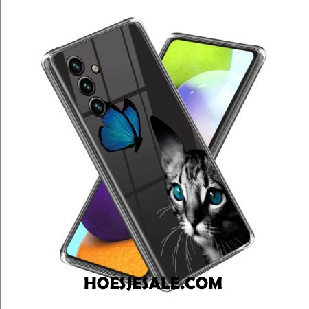 Hoesje Samsung Galaxy A15 Blauw Kat- En Vlinderpatroon Bescherming Hoesje