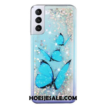 Hoesje Samsung Galaxy S24 Plus 5g Blauwe Vlinders Vloeibare Glitter Bescherming Hoesje