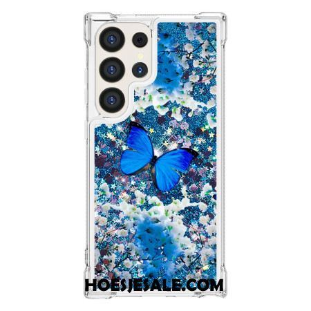 Hoesje Samsung Galaxy S24 Ultra 5g Blauwe Vlinderglitter Bescherming Hoesje