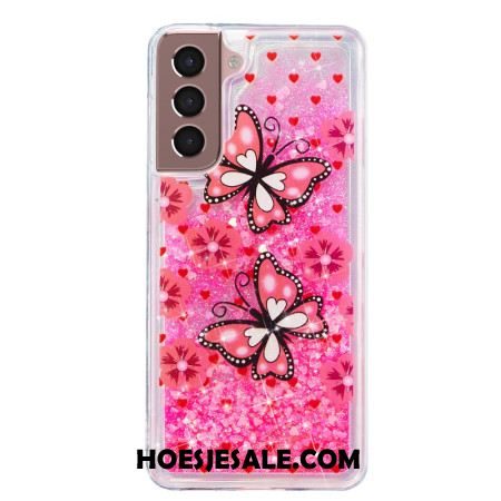 Hoesje Voor Samsung Galaxy S24 Plus 5g Rode Vlinders Vloeibare Glitters