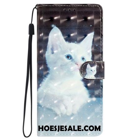 Leren Hoesje Oppo A98 5g 3d Witte Kat Met Riem Bescherming Hoesje