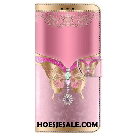 Leren Hoesje Oppo A98 5g Roze En Gouden Vlinder