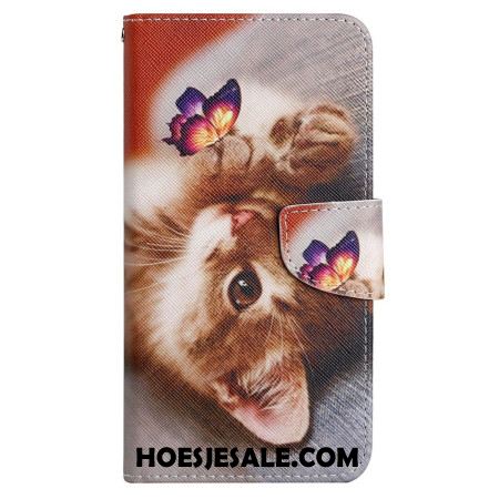 Leren Hoesje Samsung Galaxy A15 5g Vlinder- En Kattenprint Met Riempje