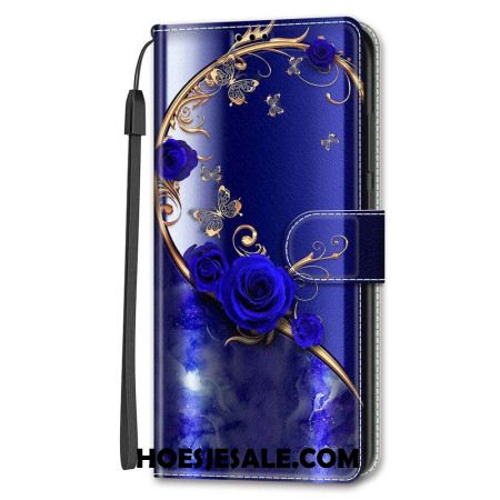 Leren Hoesje Samsung Galaxy S24 5g Blauwe Rozen En Gouden Vlinders Met Riem Bescherming Hoesje