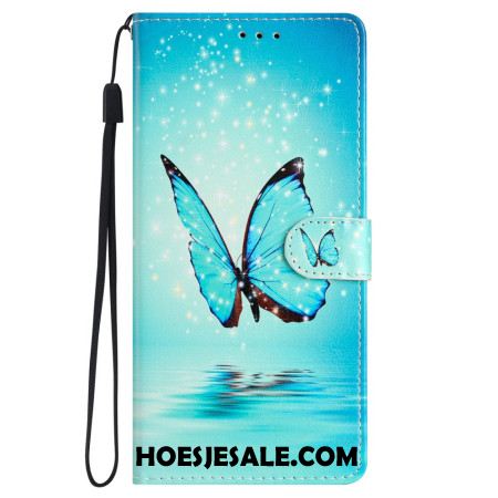 Leren Hoesje Samsung Galaxy S24 5g Blauwe Vlinders Met Riem