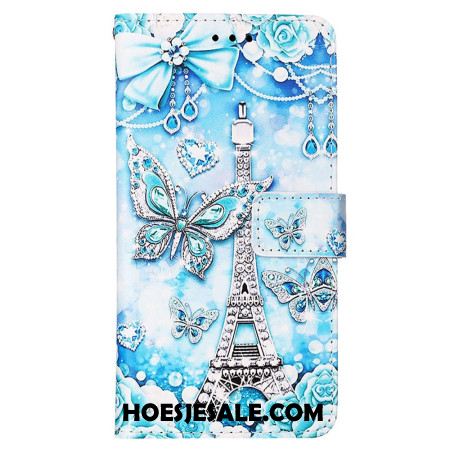 Leren Hoesje Samsung Galaxy S24 5g Eiffeltoren En Vlinders Met Riem Bescherming Hoesje