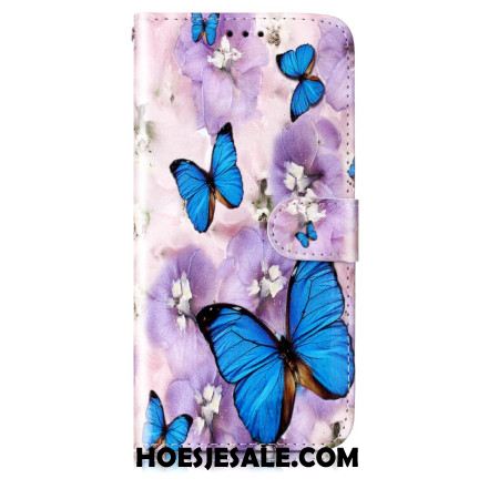 Leren Hoesje Samsung Galaxy S24 5g Paarse Bloemen En Vlinders Met Riempje Bescherming Hoesje