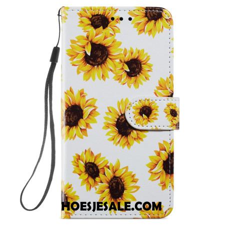 Leren Hoesje Samsung Galaxy S24 5g Riem Zonnebloemen Bescherming Hoesje