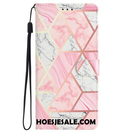 Leren Hoesje Samsung Galaxy S24 5g Roze Marmer Met Riem