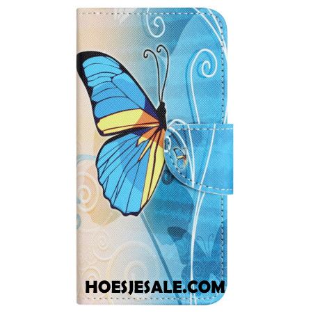 Leren Hoesje Samsung Galaxy S24 Fe Gele En Blauwe Vlinder Bescherming Hoesje