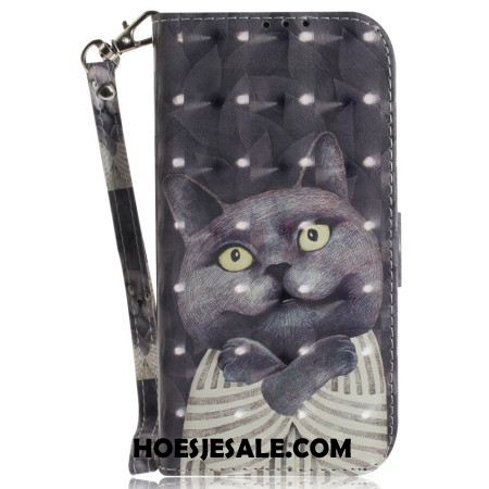 Leren Hoesje Samsung Galaxy S24 Fe Grijze Kat Met Riem Bescherming Hoesje