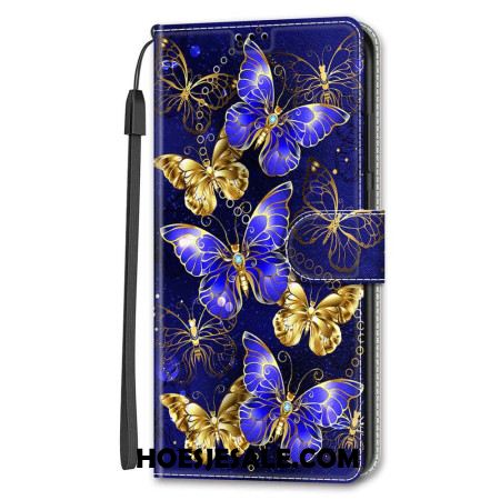 Leren Hoesje Samsung Galaxy S24 Ultra 5g Gouden En Paarse Vlinders Met Riem Bescherming Hoesje