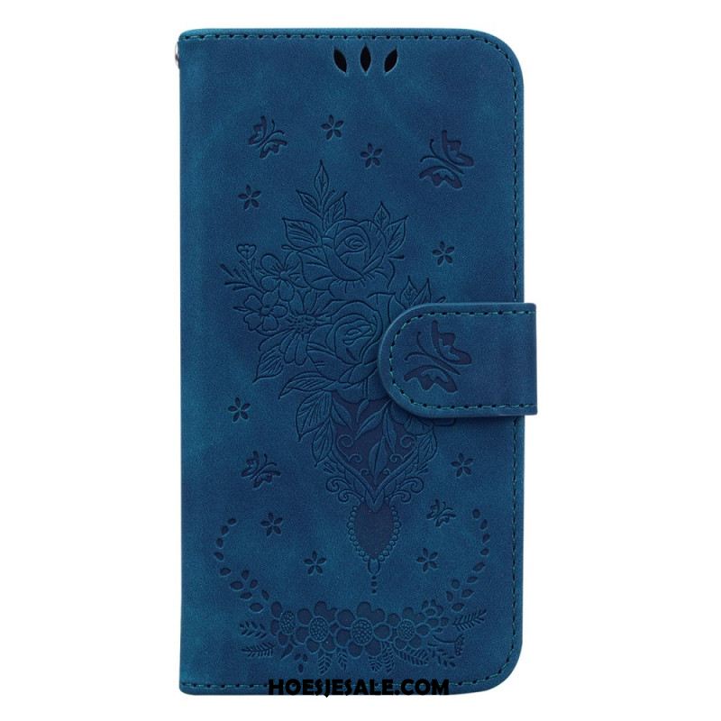 Leren Hoesje Voor Oppo Reno 11 5g Bloemenpatroon Met Suède-effect En Riempje