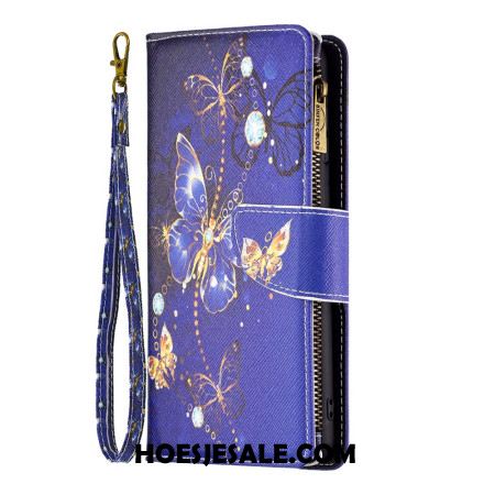 Leren Hoesje Voor Samsung Galaxy S24 5g Portemonnee Met Paarse Vlinders En Riem