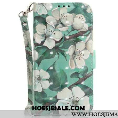 Leren Hoesje Voor Samsung Galaxy S24 Ultra 5g Met Witte Bloemen Met Riempje