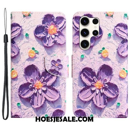 Leren Hoesje Voor Samsung Galaxy S24 Ultra 5g Paarse Bloemen Met Riempje