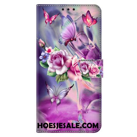 Leren Hoesje Voor Xiaomi 14 Paarse Vlinders En Bloemen