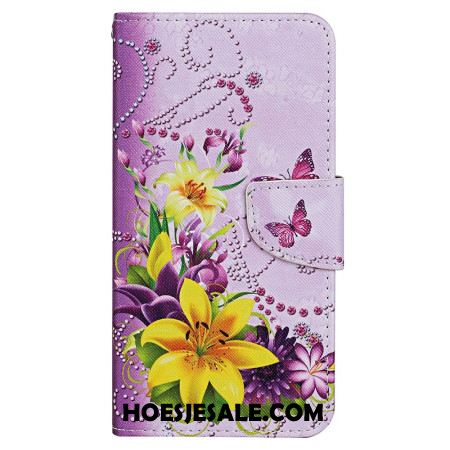 Leren Hoesje Voor Xiaomi Redmi Note 13 4g Bloemen- En Vlinderpatroon Met Riempje