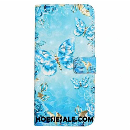 Leren Hoesje Voor iPhone 16 Lichtblauwe Vlinders