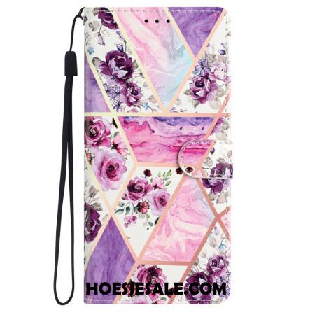 Leren Hoesje Voor iPhone 16 Paarse Bloemen Met Riempje