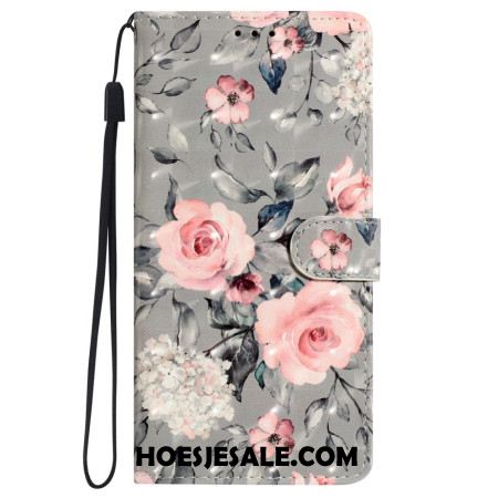 Leren Hoesje Voor iPhone 16 Plus Roze Bloemen Met Riem