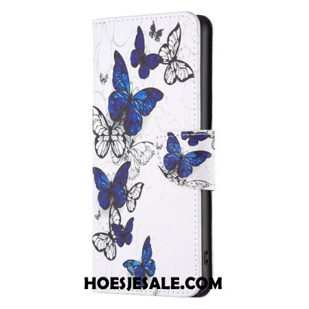 Leren Hoesje Voor iPhone 16 Pro Blauwe Vlinders Print