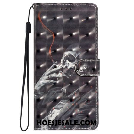 Leren Hoesje Voor iPhone 16 Pro Rokend Skelet Met Riem